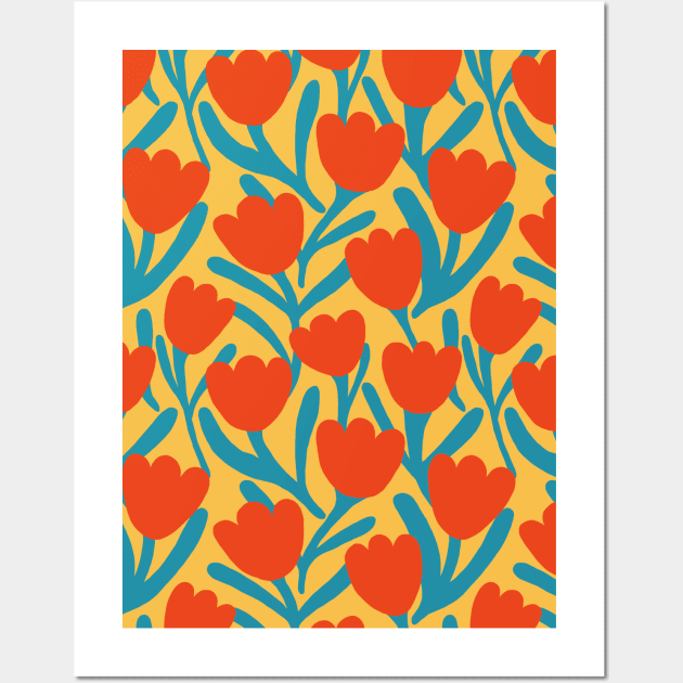 Boho tulips flower pattern in yellow and orange Wall Art by Natalisa